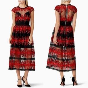 BRONX AND BANCO Dress Gloria Midi Black Mesh in Red Floral Embroidery